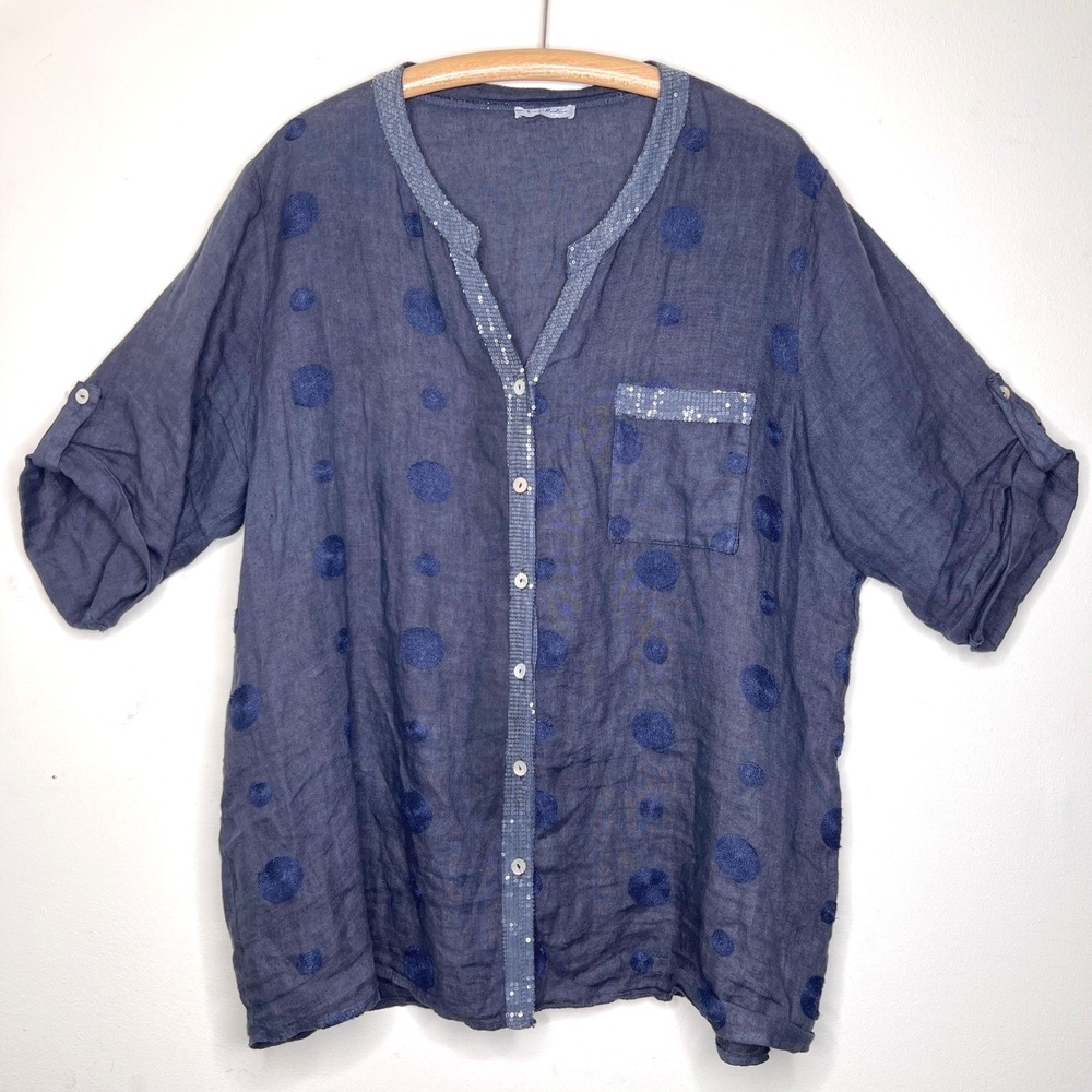 100% Linen Womens Shirt Navy Blue Polka Dot Embroidered Sequins Button Down 1X